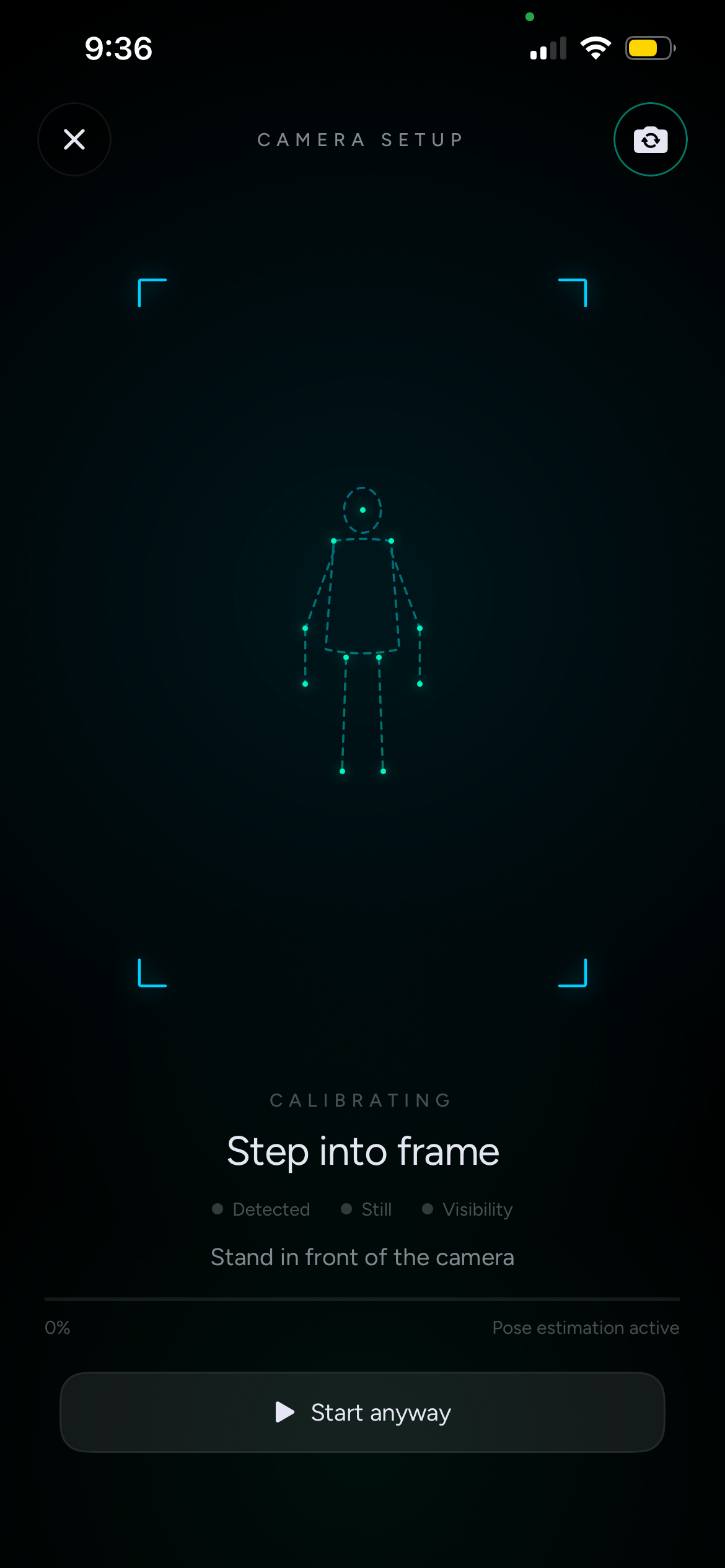 Atmi's camera setup screen, calibrating and asking the athlete to step into frame