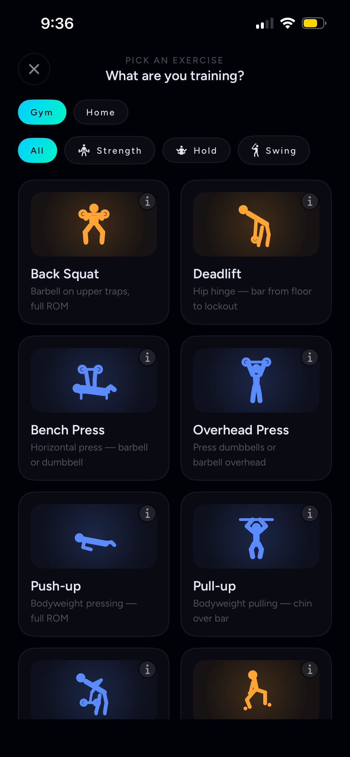 Atmi's exercise picker, showing back squat, deadlift, bench press, overhead press, push-up and pull-up with their own illustrations
